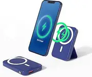 Wireless Portable Power Bank Magnetic 10000 mAh Charger Kickstand Battery Pack Mobile iPhone 12, 13, 14 Foldable Led Display (Dark Blue)