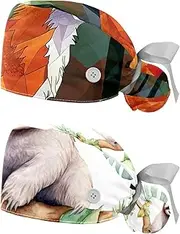 [YTYVAGT] 2-Pc,Nurse Scrub Caps,Scrub Hats with Buttons and Cotton Sweatband,Forest Cartoon Fox