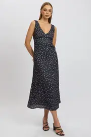 Black Ditsy Maxi Dress V-Neck - Size 12M, Women's Maxi Dress