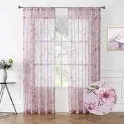 [Tollpiz] Sheer Curtain Pink Flower Leaf Printed Floral Embroidered Bedroom Curtains Sheer Rod Pocket Voile Faux Linen Short Window Curtain for Living Room, 54 x 45 inches Long, Set of 2 Panels