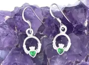 Women's Sterling Silver Emerald CZ Claddagh Earrings.