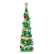 Catzon 5Ft Prelit Christmas Tree Pop Up Pencil Tree with 50 Color Lights 15 Ball Ornament Holiday Xmas Party Decorations-GreenSilver