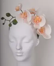 Blush Pastel Peach Pink Cream Phalaenopsis Orchid Spray Floral Fascinator Hea...