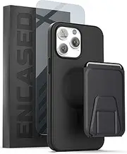 Encased MAG SlimShield with Card Holder for iPhone 14 PRO Magnetic Case with Screen Protector (3-in-1) Compatible with MagSafe, Flip Kickstand Wallet (Black)