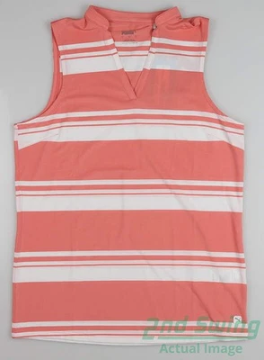 New Womens Puma Cloudspun Valley Stripe Sleeveless Polo Small S Pink MSRP $55