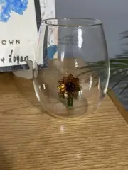 Hand blown Stemless Wine Glass Yellow Sunflower Handblown Glass Art
