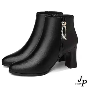 【JP Queen New York】都會風格女士金屬裝飾粗高跟側拉鍊短靴(2色可選)