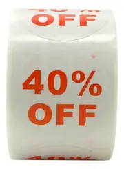1 Roll of "40% OFF" Discount Labels (500 labels/roll, 1.5" diameter) BPA Free!