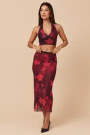 Red Floral Mesh Skirt Elasticated Lace Trim Midaxi - Size 6XXS, Women's Bodycon Skirt