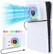 PS5 Slim Cooling Fan with RGB Lights, Temperature Sensor, 3 Speed Settings, USB 3.0 Hub