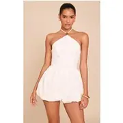 White Halterneck Puffball Playsuit, White