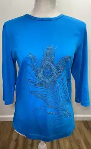 Rochelle NWT Blue Bling Peacock Feather Top Women’s Size Small 3/4 Sleeves Shirt
