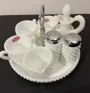 Vintage Fenton Hobnail White Milk Glass 10 PC Condiment Set W/Round Tray NOS