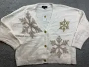 33 Degrees Women's Plus Size 3X Button Front Snowflake Graphic Cardigan White