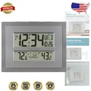 Modern Gray/Silver Atomic Wall Clock with Indoor/Outdoor Temperature Display