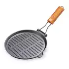 SOGA 24cm Round Cast Iron BBQ Ribbed Griddle Grill Pan w/ Folding Wooden Handle