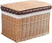 Wicker Storage Box,Large Brown Storage Basket Trunk Chest Hamper Lidded with Cloth Linning of Functions, Can Store Daily Objects.
