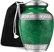 GSM Brands Cremation Urn Holds Adult Human Ashes - Large Handcrafted Funeral Memorial with Striking Green Design (Aluminum - 9.6 Inch Height x 6.8 Inch Width)