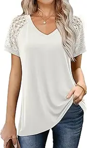 [Amoretu] Womens Tops Summer V Neck Shirts Dressy Lace Short Sleeve Blouse Loose Plain T Shirt