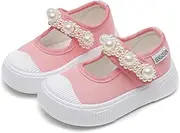 [GENGASUN] Toddler Girl's Mary Jane Flat Baby Shoes Canvas Pearl Sneakers for Kids School Uniform Casual Soft Walking Dress Shoes