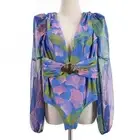 PatBO NWT Ocean Leaf Plunge Stretch Bodysuit Size US Small in Blue/Multi