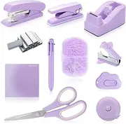 Purple Desk Accessory Kit Cute Office Supplies Set Desktop Stapler Set Includes Staple Remover Hole Punch Tape Dispenser Ballpoint Pen Scissor Mini Box Cutter Tape Measure Paper Clips Sticky Notes