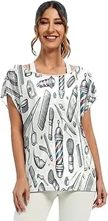 [RPLIFE] Vintage Barber Shop Theme White Batwing Shirts Womens Loose Fitting Tops Ladies Party Blouse