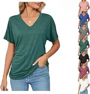 [Generic] Presencte New Casual Pullover V-Neck Solid Color Loose Ladies Tops, Women Summer Comfortable Oversized Tops, Green, Large