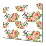 Glass Kitchen Chopping Board Worktop Saver Pastel birds on branch 60x52