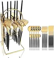 24 Piece Fork and Spoon Silverware Set with Stand, Stainless Steel Cutlery, Kitchen Utensils Cutlery Set, Mirror Polished for Home, Restaurant, Gathering, Party (Black Gold)