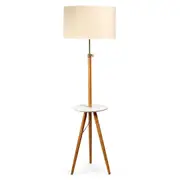 165cm Large Extendable Bamboo Tripod Floor Lamp Linen Shade Shelving