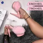 Pink Faux Fur Platform Slides Drag Queen Stripper Heels Fluffy Pole Dance Shoes