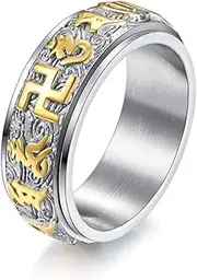 RIUKIU Men's Sutra Six-Character Lotus Flower and Auspicious Clouds Ring, Rotatable Stainless Steel Men's Ring,Silver,6