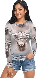 [RPLIFE] Highland Cows Grey Mesh Top Women Long Sleeve, Long Sleeve Sheer Tops for Women S-XXL