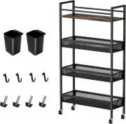 4-Tier Slim Storage Cart, 5.9In Slim Kitchen Cart on Wheels for Small Space, Nar