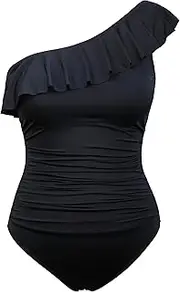 [Hilor] Women's One Piece Swimsuits One Shoulder Swimwear Asymmetric Ruffle Monokinis Bathing Suits Black 16
