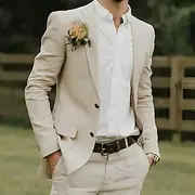 Men's Wedding Linen Suits Beige Lightweight Casual Solid Colored Standard Fit 2 Piece Single Breasted Two-buttons