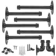 Set of 6 Black Iron Pipe Floating Shelf Bracket 8 Inch (Bonus: 2 Hooks), Heav...