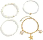[Generic] 4Pcs Pearl Bead Anklet Bracelet Set,Multi-layered Pearl Anklets,Bikini Gold Starfish Foot Chain Boho Elastic Beaded Leg Bracelet Jewelry for Women