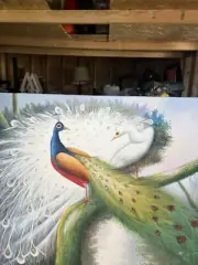 Two Peacocks, By M Aaron 24x36 - 100% Hand painted Oil Painting on Canvas Signed