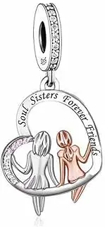 [Mon & Sons] Soul Sisters Forever Friends Big Little Sister Love Heart Charm Bead Pendant 925 Sterling Silver Dangle Compatible With Pandora Charm Bracelet, Metal