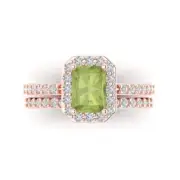 2.20 Emerald Round Cut Halo Natural Peridot Promise Bridal set 14k Rose Gold