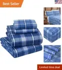 Gorgeous King Size Cotton Flannel Sheet Set - 160 GSM, Dark Blue Plaid, 4 Pieces