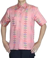 [RaanPahMuang] Short Sleeve Northern Thai Silk Weave Mens Shirt European Collar