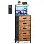 Nightstand 5 Drawer Dresser with LED Lights, 5 Drawers with Hooks Rustic Brown