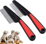 (2 Pack Fine and thick needles) Dog and Cat Lice Flea Comb, Fur Detangling Tool, Grooming and Massage Stainless Steel Comb， Pet Hair Comb for Home Grooming Kit, Removes Knots, Mats and Tangles