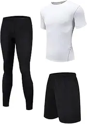 [GUANYUA] Men Shorts + Short Sleeve + Fitness Pants Gym Clothing Set Men's 3-Pcs, Quick-Drying Men's Compression Sportswear White-3pcs-M