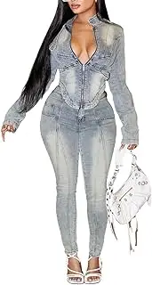 [pnahip] Women's Denim 2 Piece Outfits Irregular Hem Long Sleeve Zip Up Crop Top and Skinny Jeans Matching Sets Tracksuit