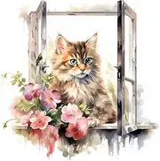 Fabric Panel Kitten in Window 100% Cotton 8"x8" Quilting Panel Square AM305