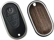 Compatible with Mercedes Benz Key case Key fob Cover Real Wood Veneer Genuine Leather Key Fob Shell Gift for C GLC E S ect 2022-2023-newer (Walnut, Black Leather)